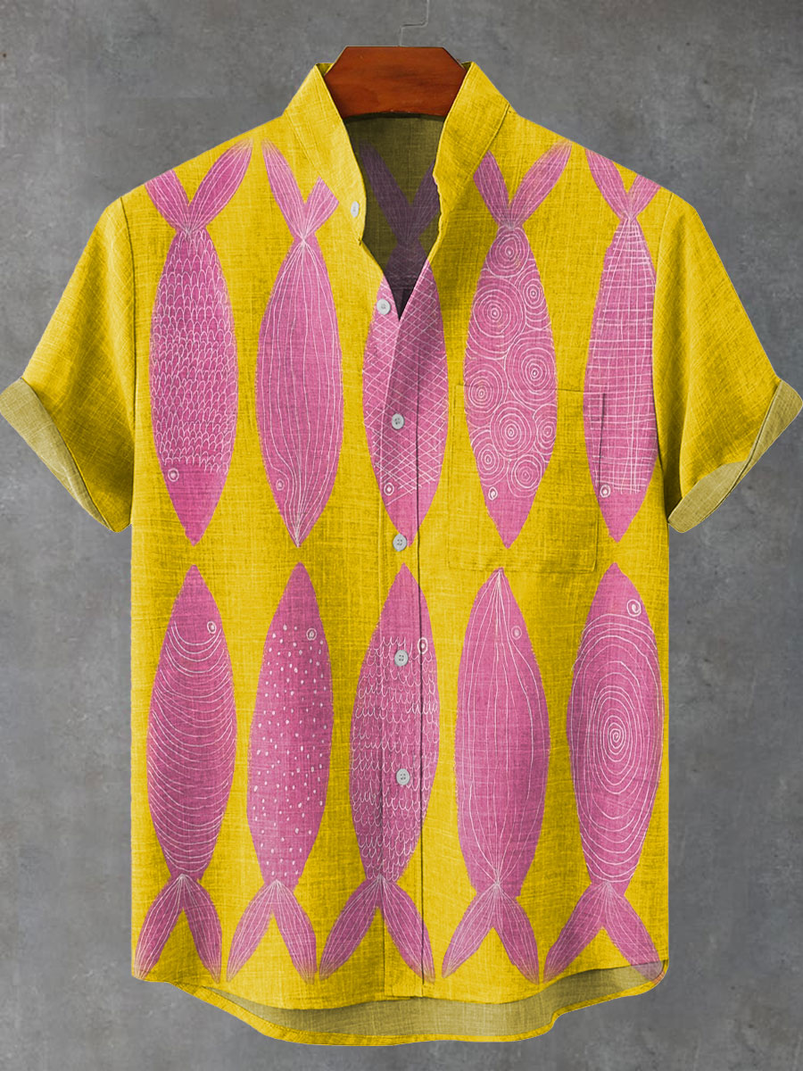Vintage Pink Fishes Print Casual Shirt