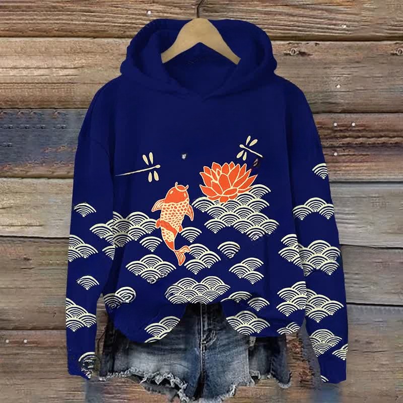 Japanese Style Koi Fish Dragonfly Wave Art Print Casual Long Sleeve Hoodie
