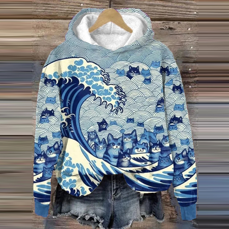 Women's Blue Waves & Cats Print Casual Hoodie