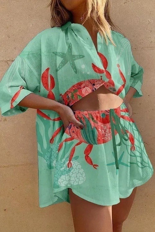 Undersea crab print casual two-piece set