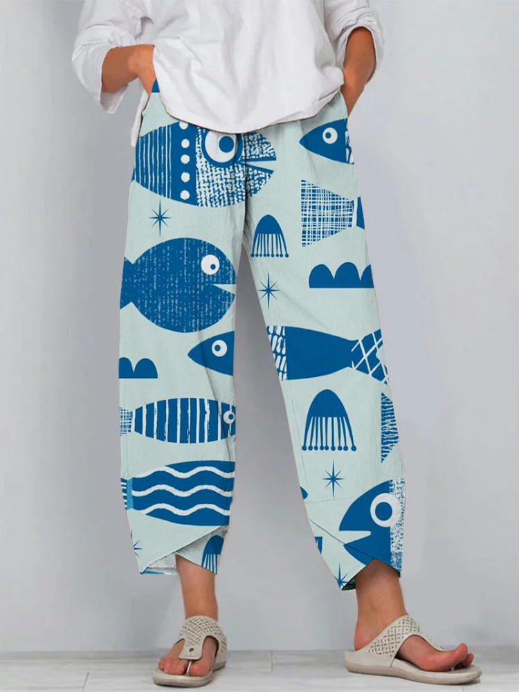 Casual Cartoon Ocean Fish Pattern Print Cropped Pants
