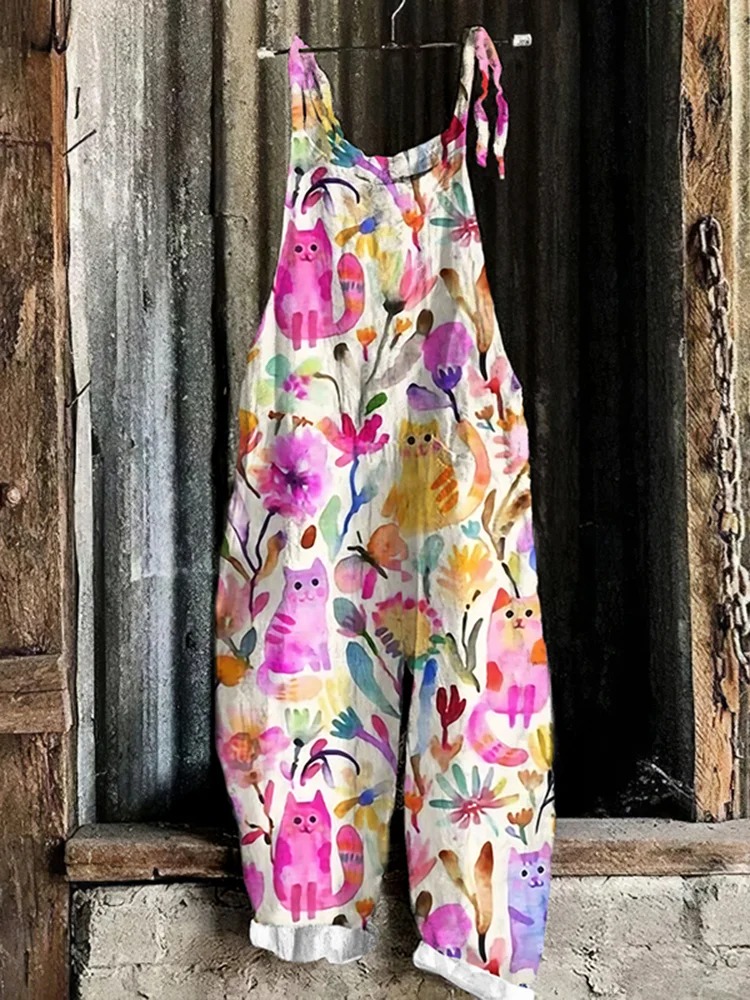 Vintage Floral Cat Art Pattern Casual Jumpsuit