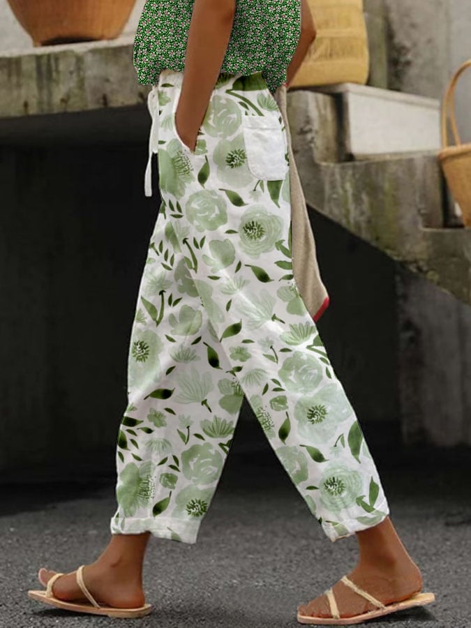 Women's Botanical Floral Design Print Lace-Up With Elastic Waist Loose Casual Pants