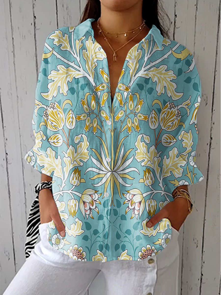 Women's Vintage Flower Art Print Casual V-neck Shirt