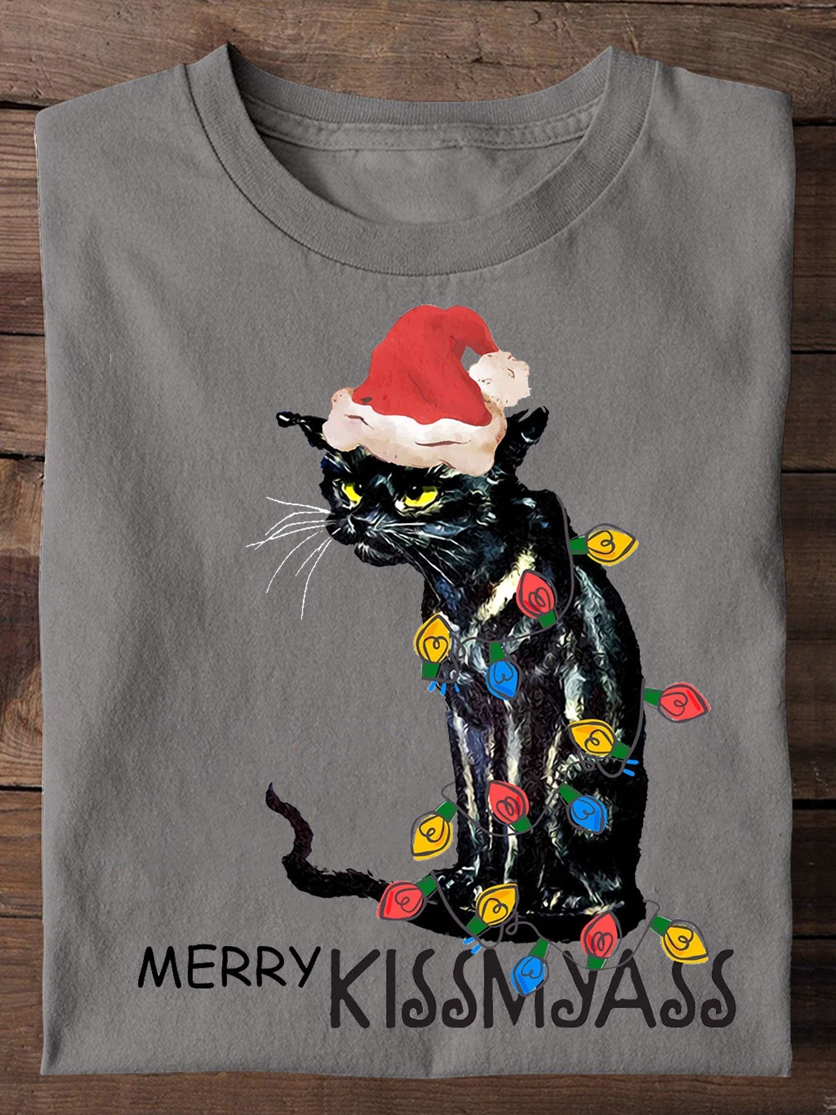 Merry Kissmyass Funny Cat Christmas LightsT-shirt