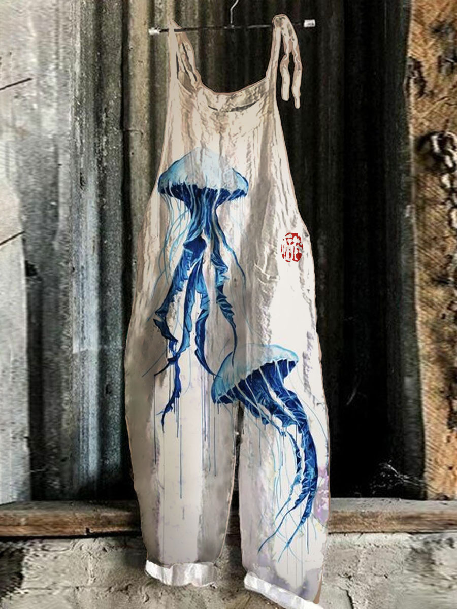Deep Blue Jellyfish-inspired Graphic Print Loose Casual Jumpsuit
