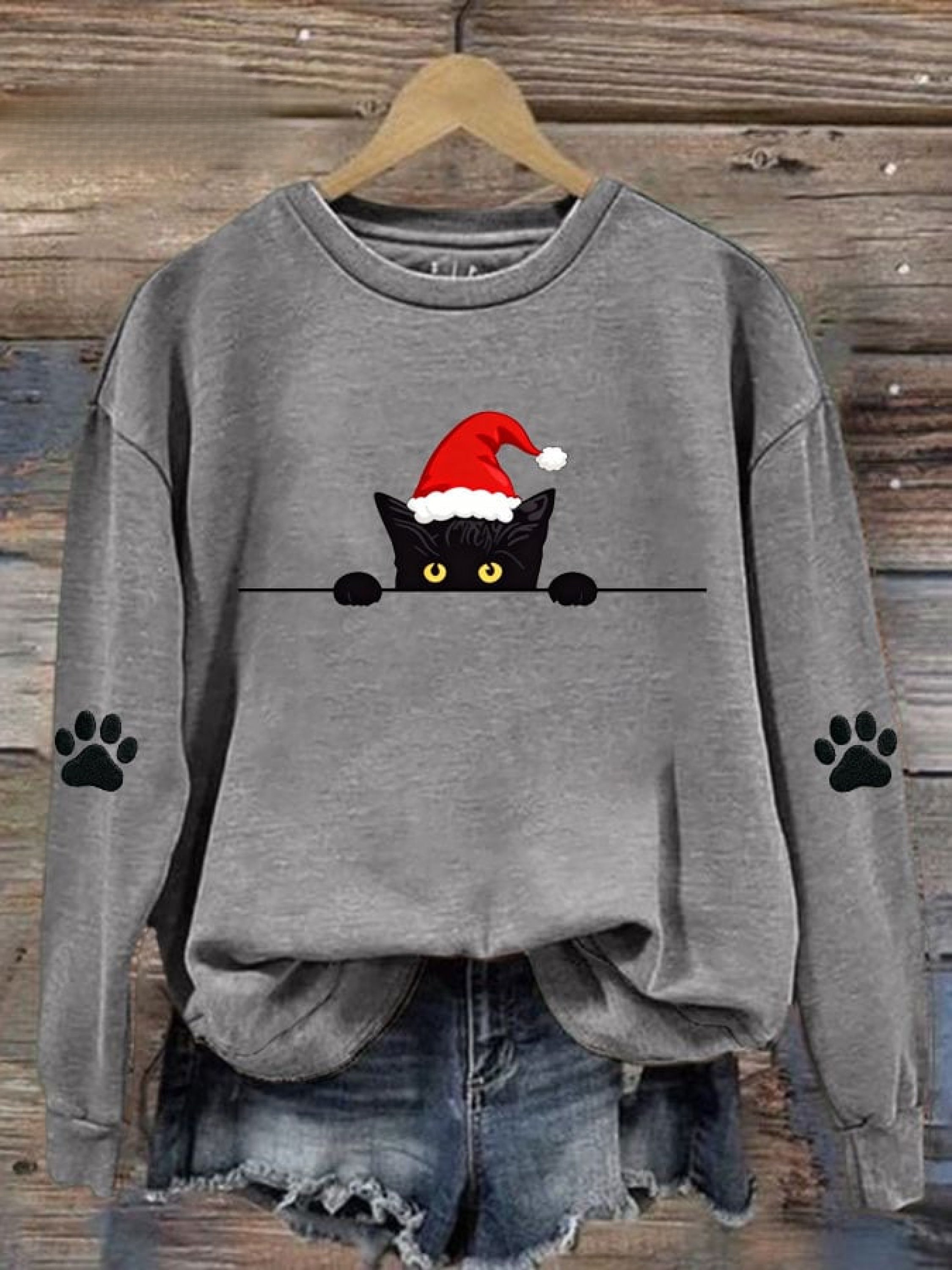Women's Christmas Cat Printed Crew Neck Sweatshirt