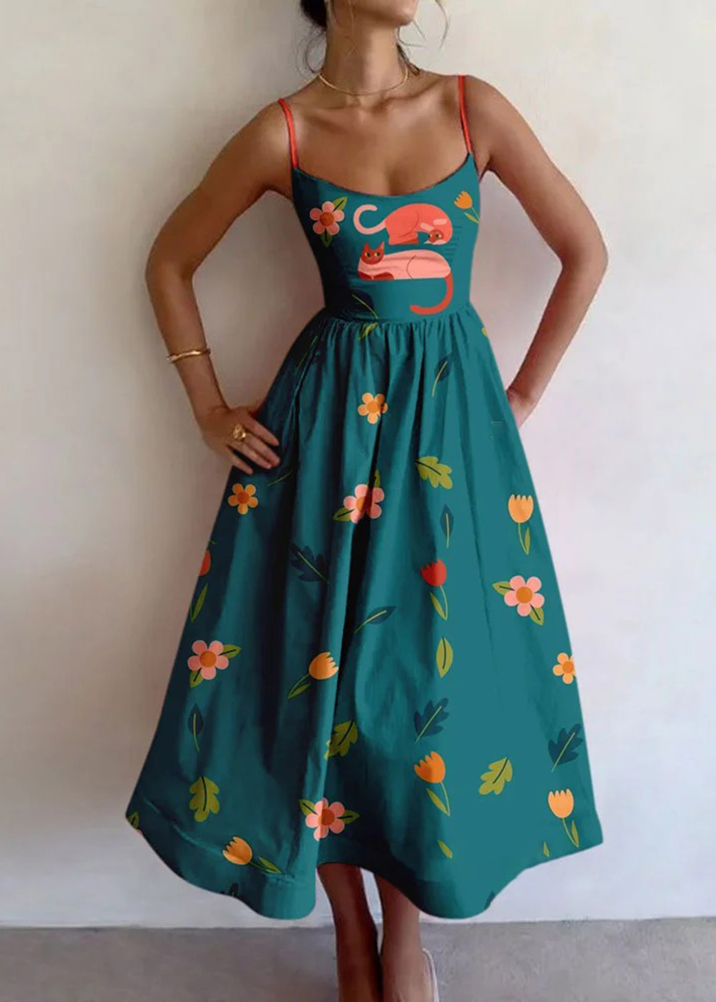 Flowers And Cats Printed Dress