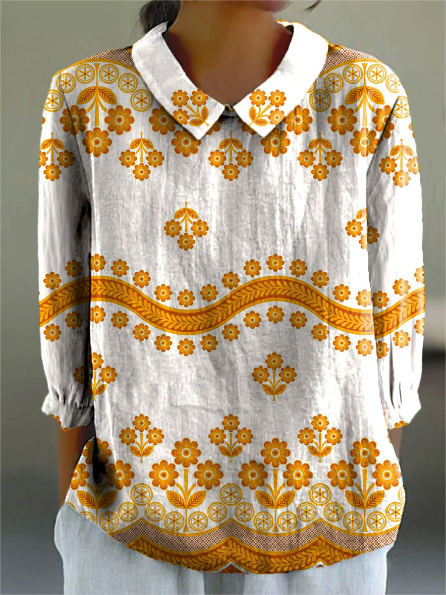 Women's Vintage Floral Art Print Casual 3/4 Sleeve Shirt