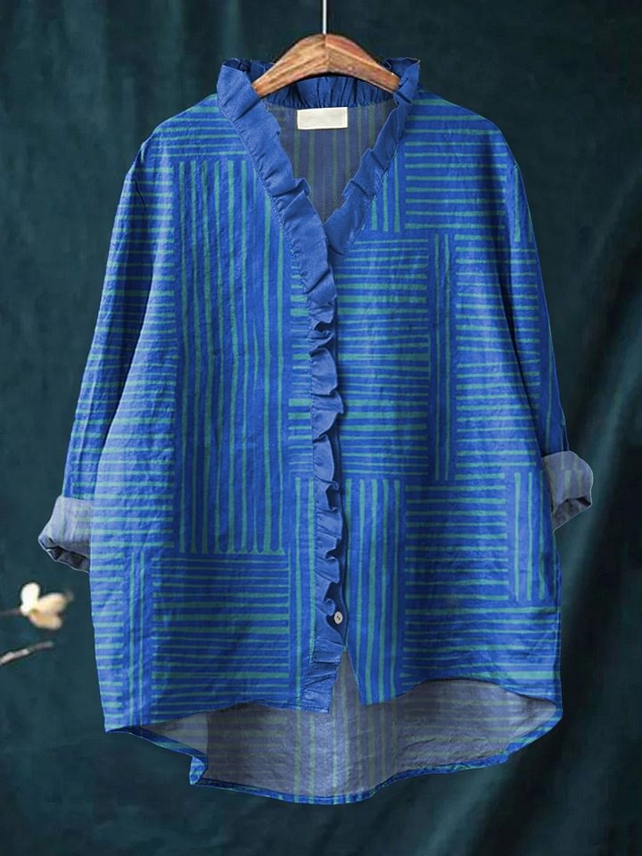 Women's Blue Stripes Art Print Casual 3/4 Sleeve Shirt