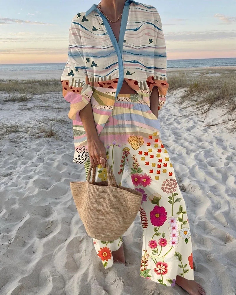 Natural Scenery Print Shirt & Pants Two-Piece Set