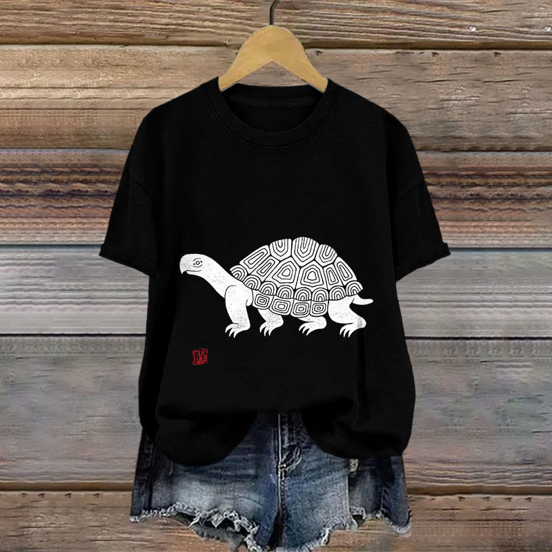 Cotton Simple Japanese Linocut Turtle Art Print T-shirt