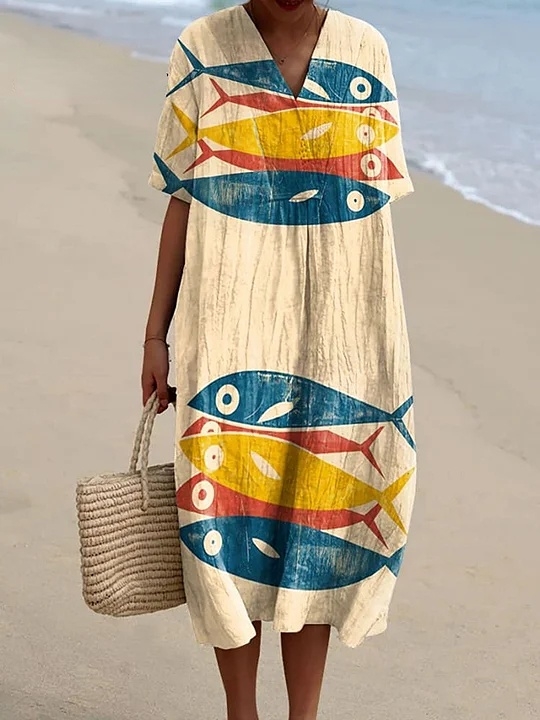 Women's Vintage Fish Sardine Art Print Flowy Dress