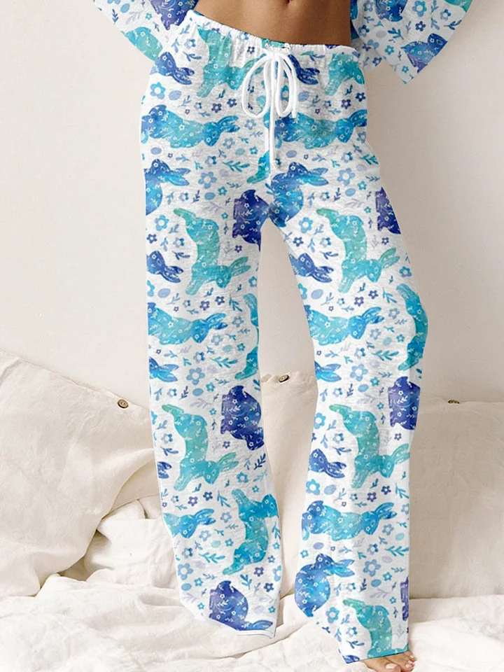 Women's Pastoral Country Style Watercolor Rabbit Pattern Round Neck Long Sleeve Knitted Suit