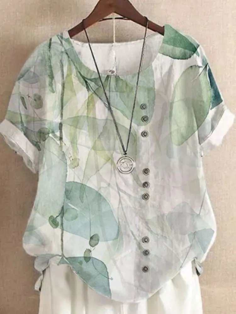 Spring And Summer New Retro Cotton And Fashion Plant Flower Printing Loose Casual Lining Round Neat Short -Sleeved T -Shirt Women