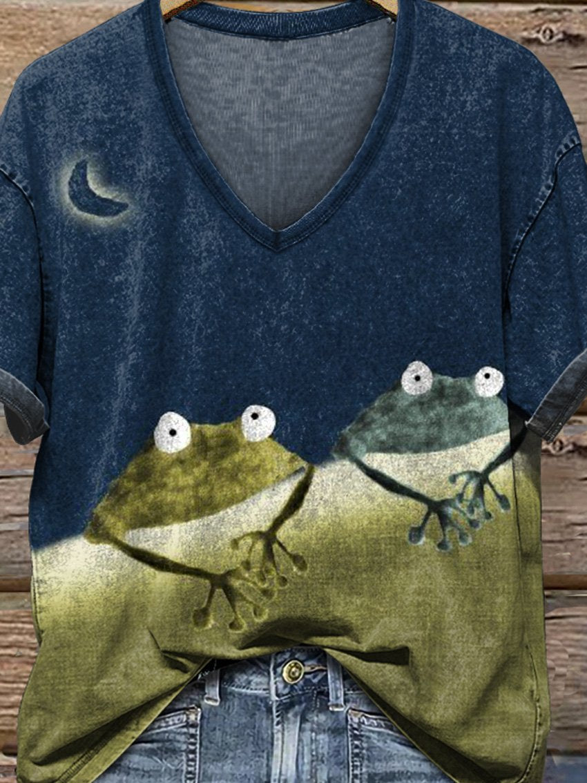 Simple Frog Color Block Art V-neck Print Casual T-Shirt