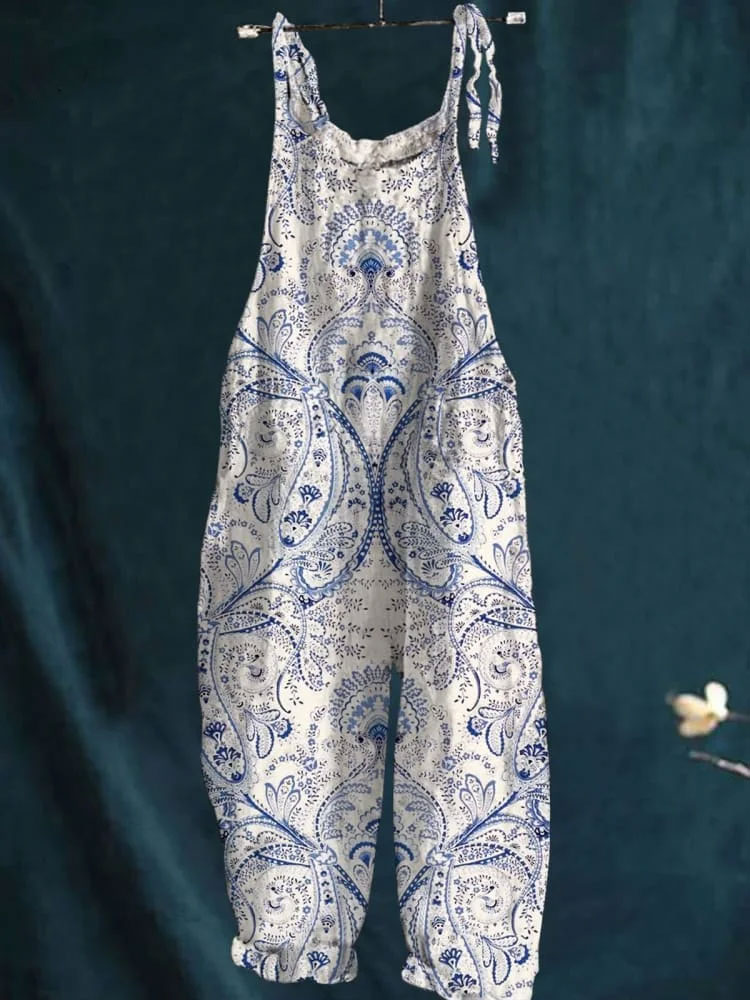 Women's Vintage Lovely Floral Art Print Casual 100% Cotton Wide Leg Jumpsuit