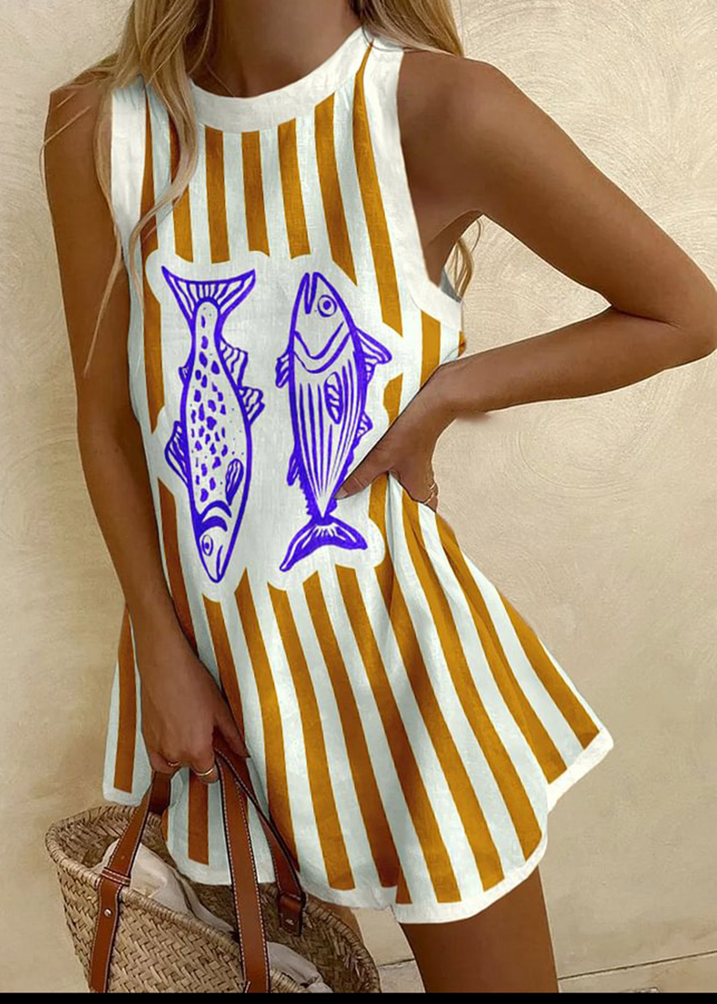 Vintage Striped Fish Print Sleeveless Dress