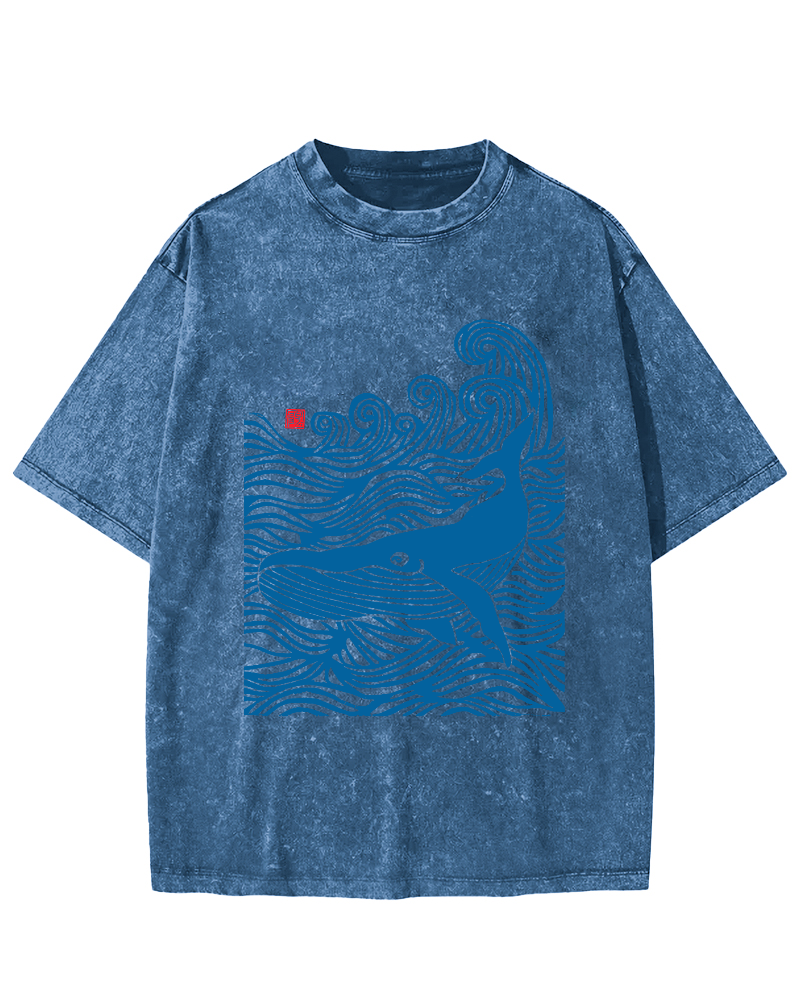 Whales in the Waves, Japanese Style Vintage Washed T-shirt