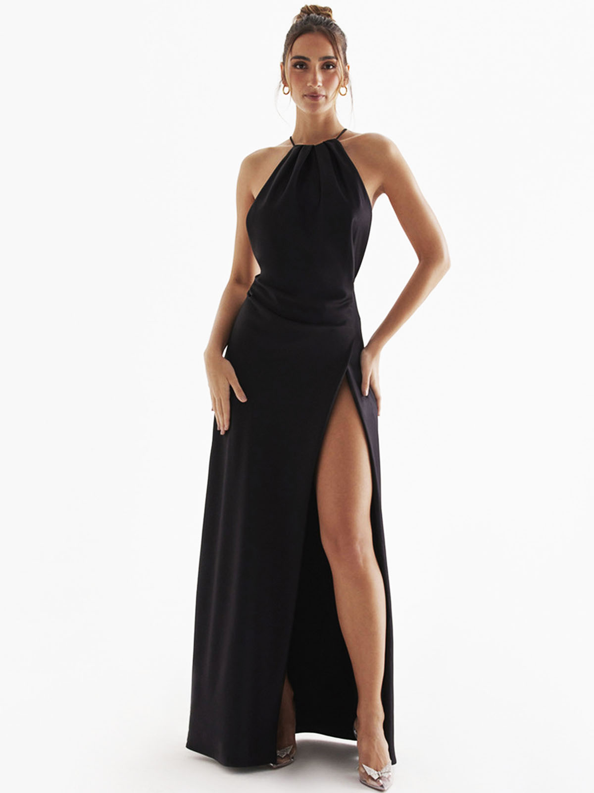 Halter neck open back slit long skirt temperament white dress evening dress