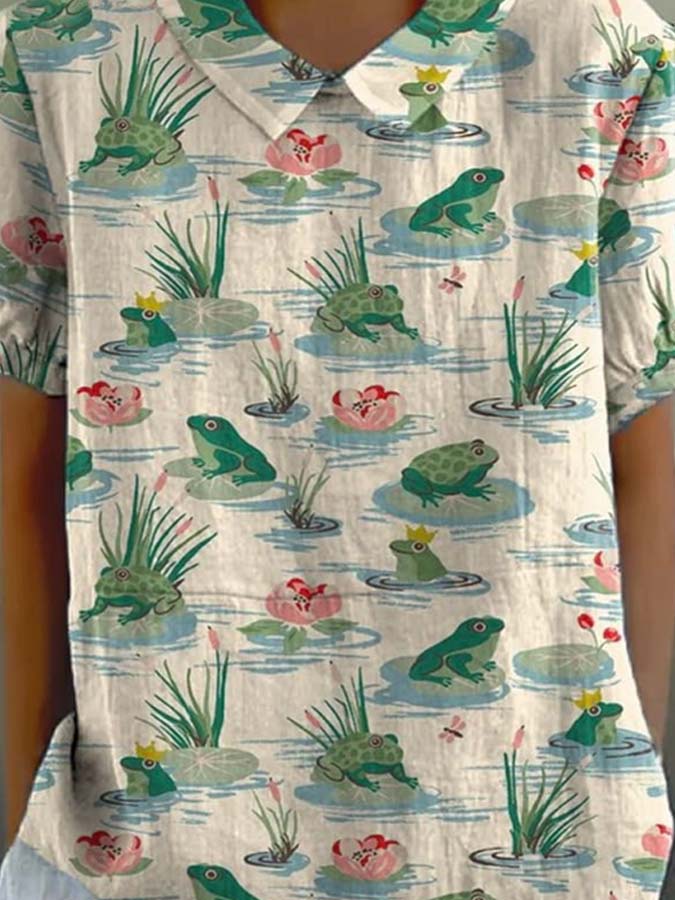 Women's Lovely Floral Frogs Art Print Casual Cotton And Linen Shirt