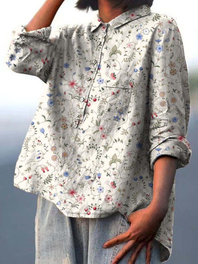 Vintage Style Floral And Berry Pattern Printed Women's Casual Cotton And Linen Shirt