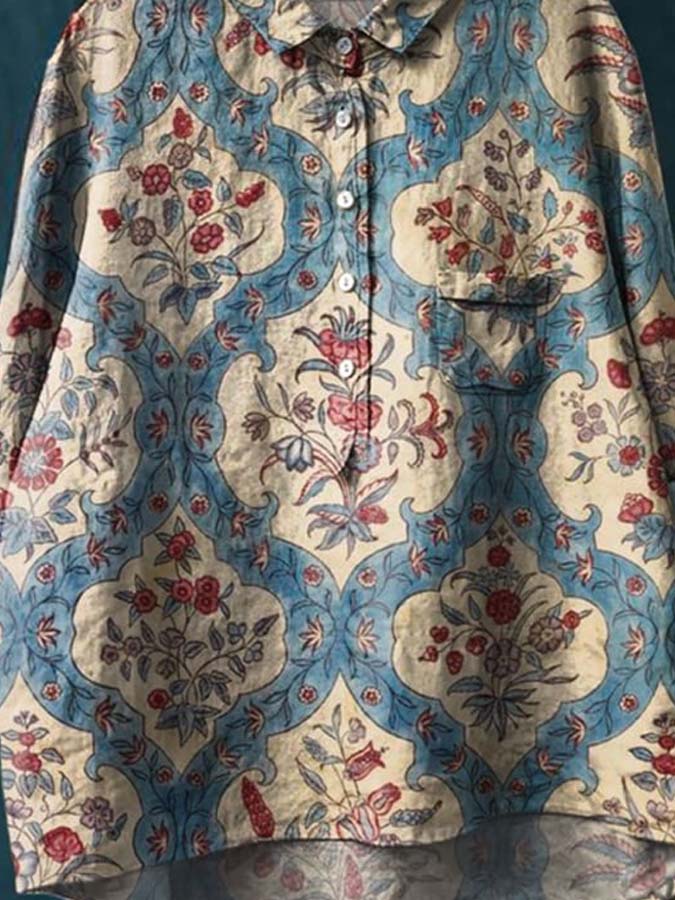 Women's Vintage Ethnic Floral Pattern Art Print Casual Cotton And Linen Shirt