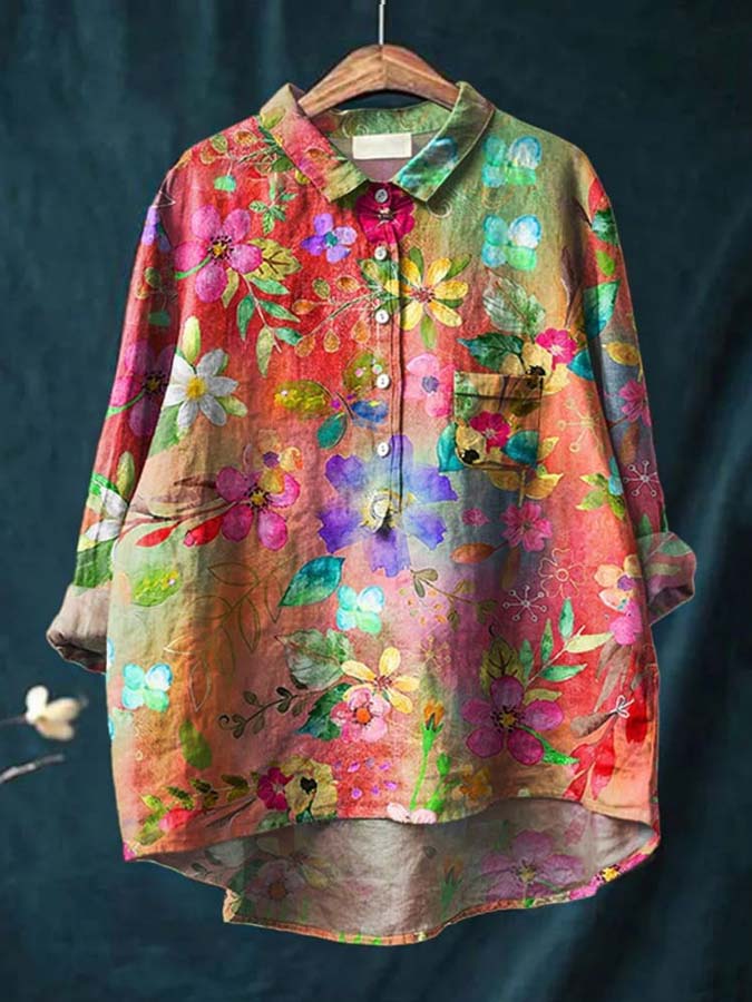 Women's Floral Art Print Casual Cotton And Linen Shirt