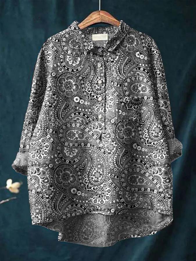 Women's Retro Floral Art Print Casual Cotton And Linen Shirt