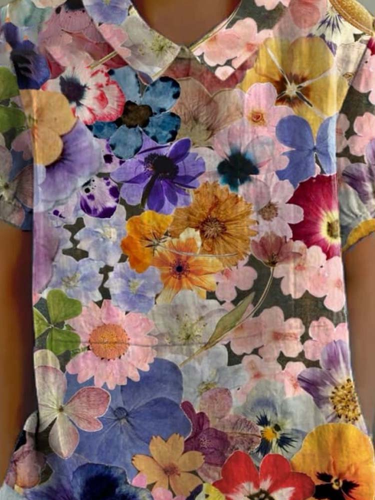 Women's Vintage Floral Art Print Casual Cotton And Linen Shirt