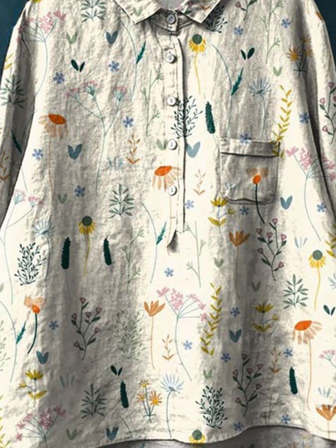 Women's Vintage Floral Art Print Casual Cotton And Linen Shirt