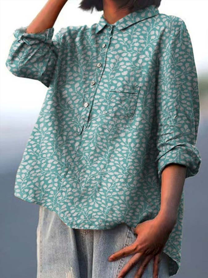 Vintage Floral Art Print Casual Cotton And Linen Shirt