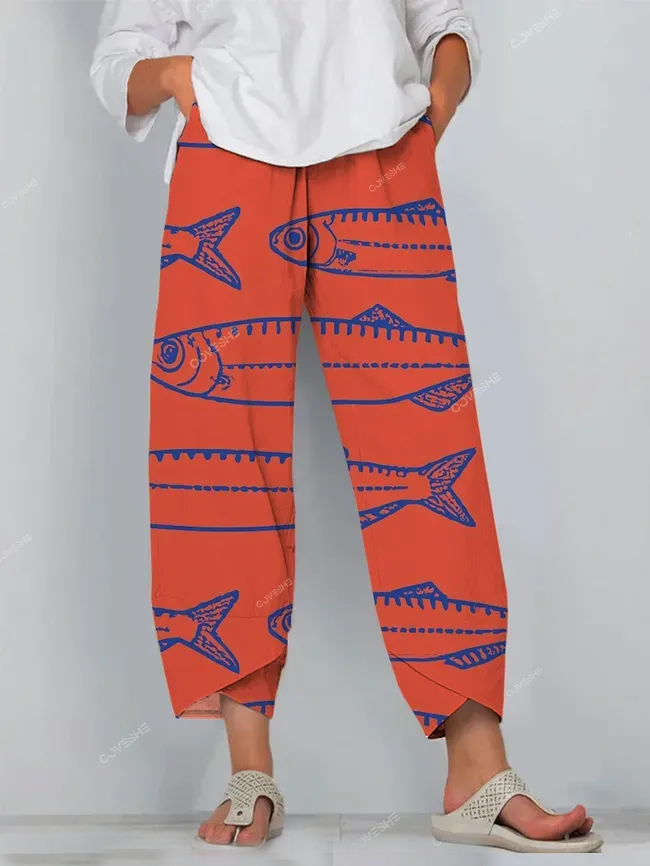 Japanese Red Sardines Art Print Cropped Pants