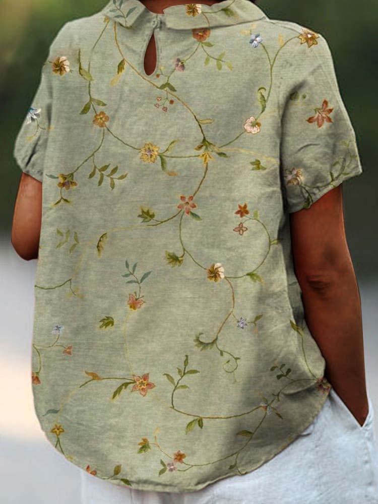 Women's Retro Floral Art Print Casual Cotton And Linen Shirt