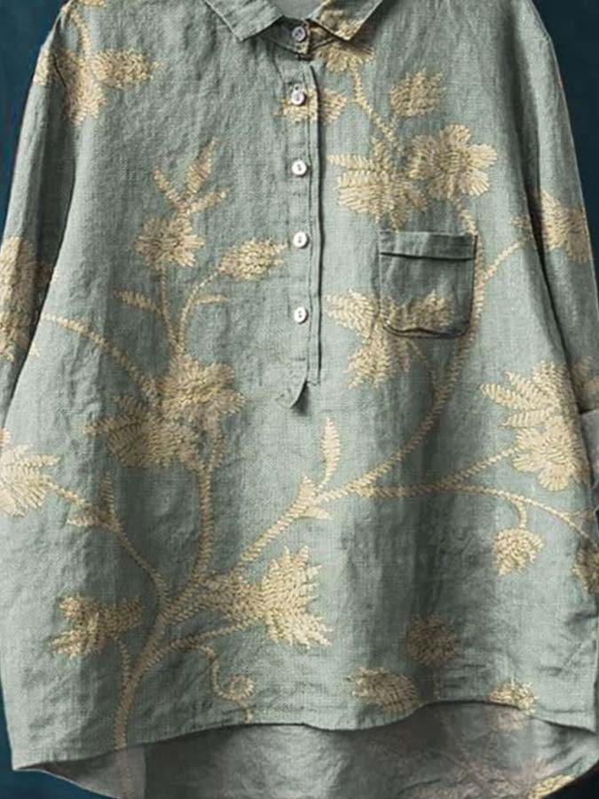 Women's Vintage Floral Art Print Casual Cotton And Linen Shirt