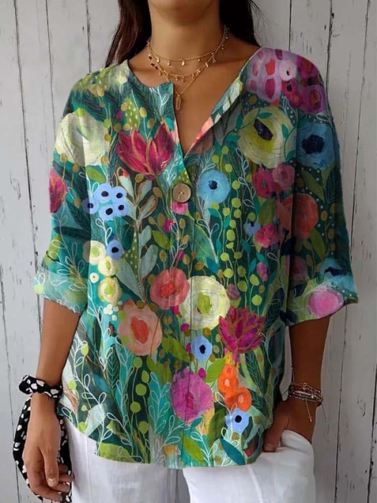 Women's Vintage Flower Print Casual Cotton And Linen Shirt