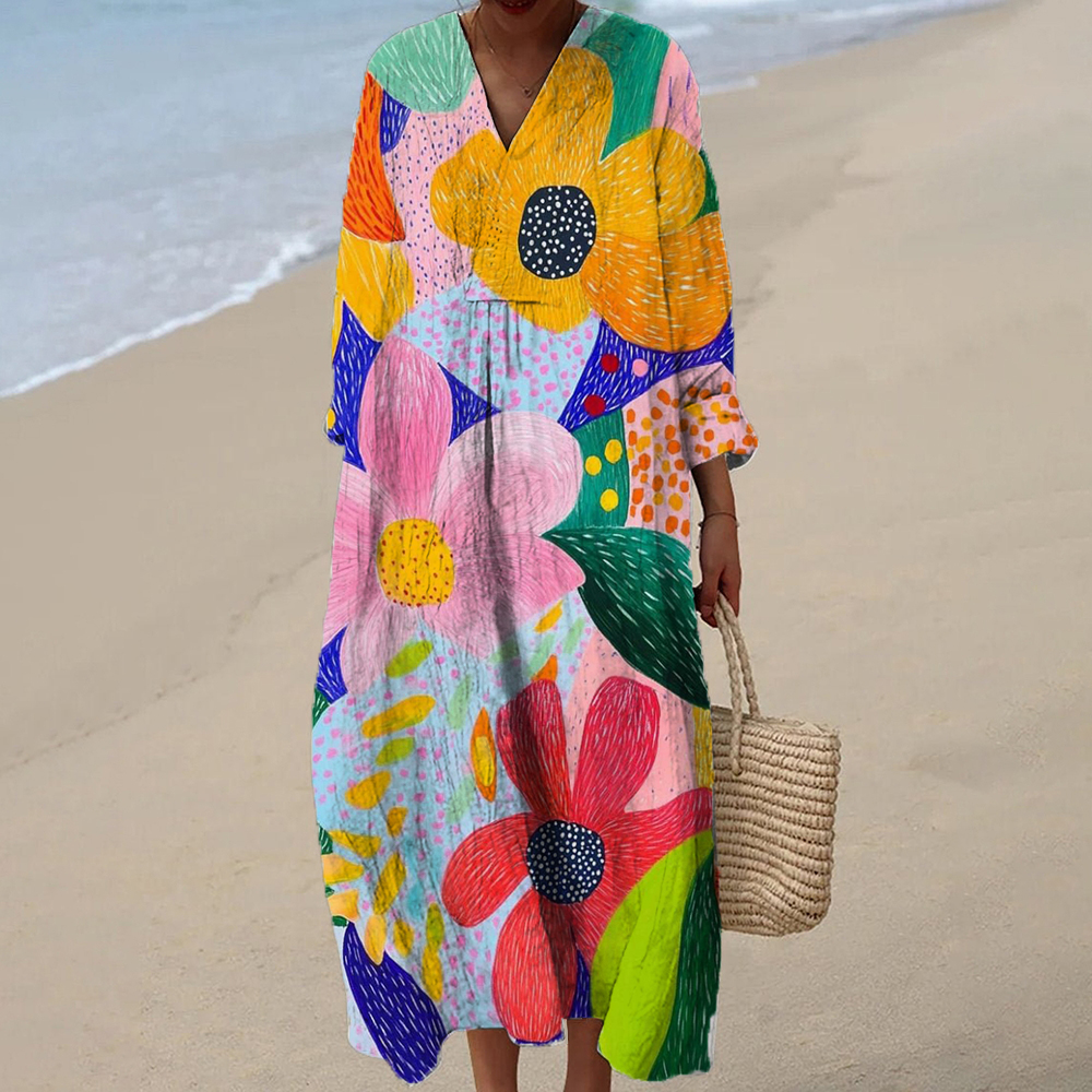 Women's Artistic Flowers Printed Maxi Dress