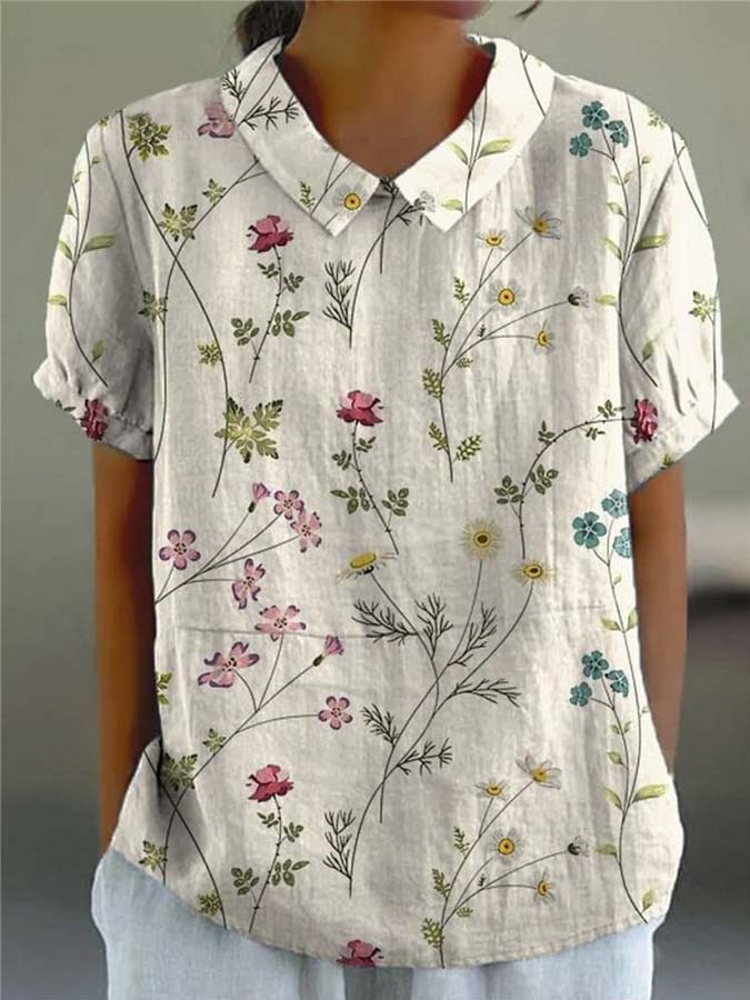 Women's Retro Floral Art Print Casual Cotton And Linen Shirt
