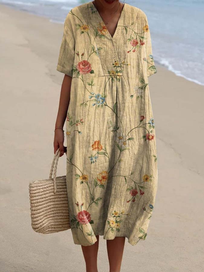Women's Retro Floral Art Print Casual Flowy Dress
