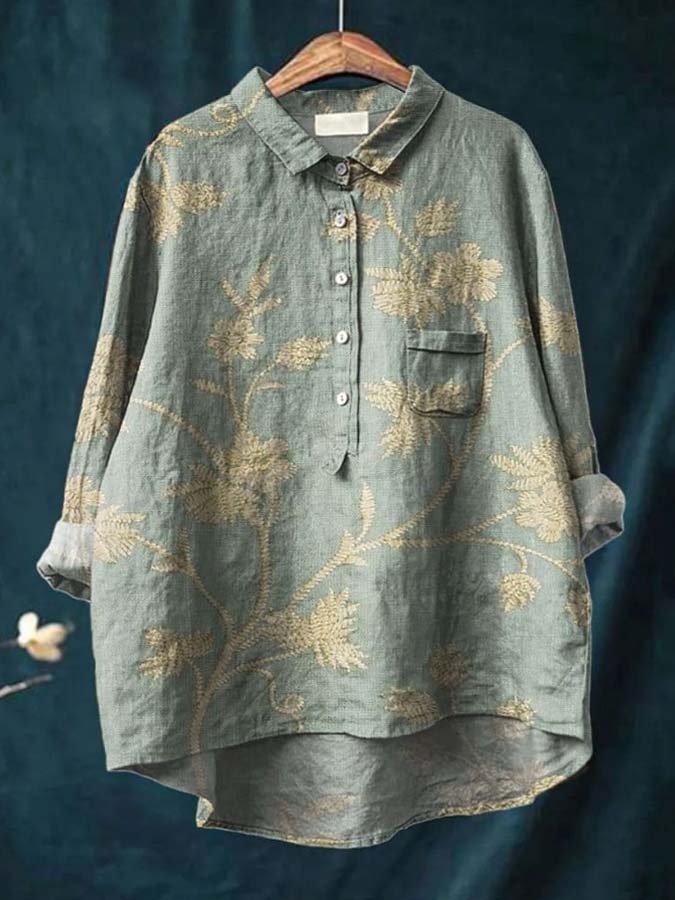 Women's Vintage Floral Art Print Casual Cotton And Linen Shirt