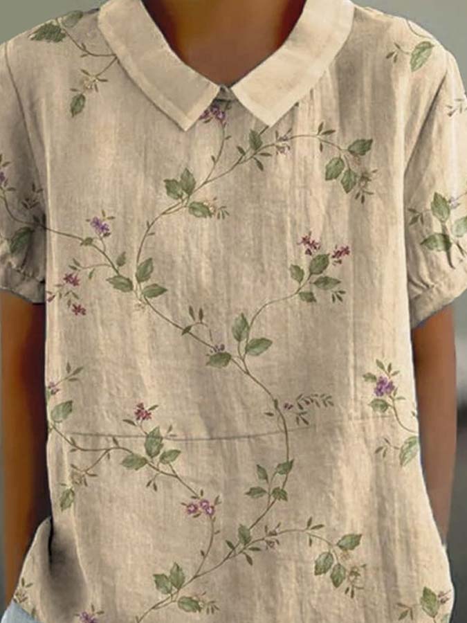 Women's Retro Floral Art Print Casual Cotton And Linen Shirt
