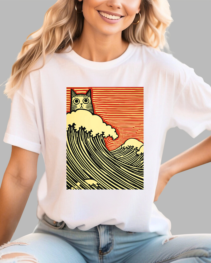 Charming Japanese Cat Art Cotton Casual T-shirt