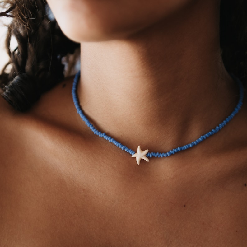 Starfish Beach Charm Necklace –surf & boho-style beaded ocean choker, a perfect gift for her