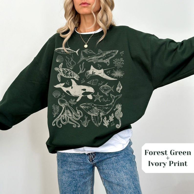 Vintage Graphic Ocean Animal Crewneck Sweatshirt, Nature Lover Gift