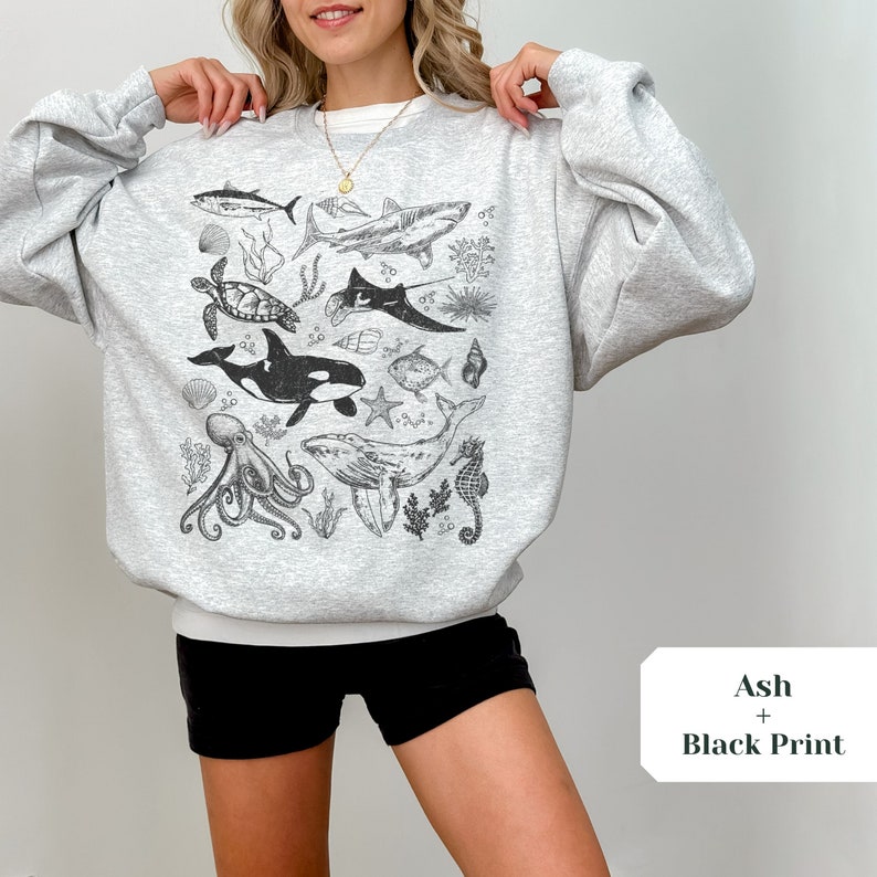 Vintage Graphic Ocean Animal Crewneck Sweatshirt, Nature Lover Gift