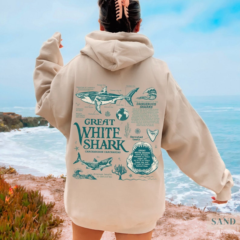 Retro Great White Shark Hoodie, Oceancore Aesthetic, Beach Sweater