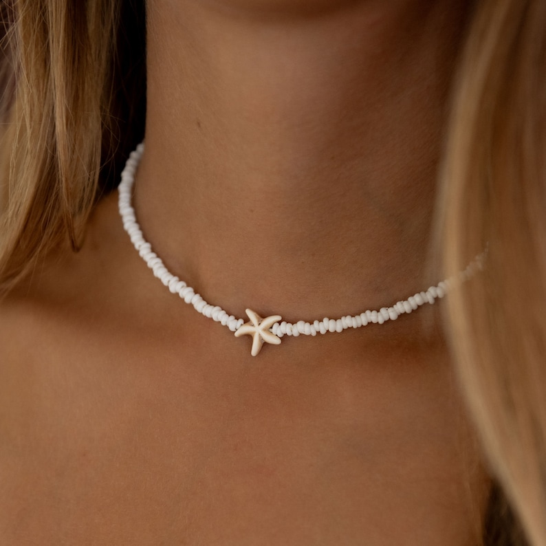 Starfish Beach Charm Necklace –surf & boho-style beaded ocean choker, a perfect gift for her