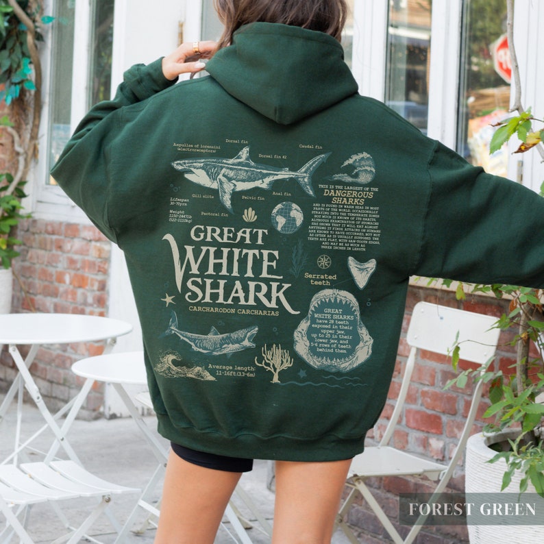 Retro Great White Shark Hoodie, Oceancore Aesthetic, Beach Sweater