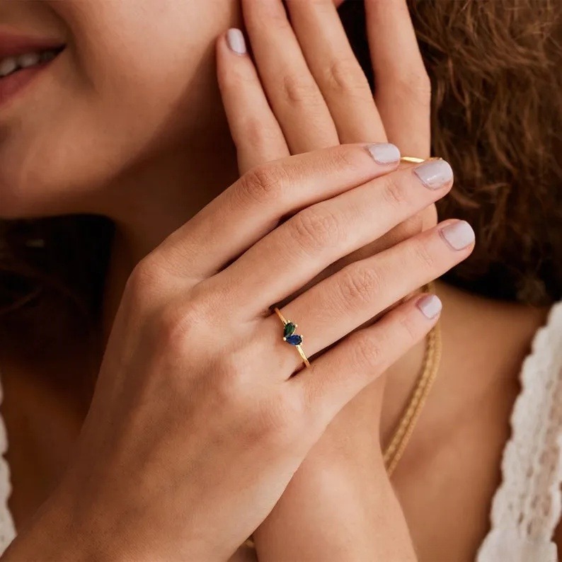 Heart Birthstone Ring, 2 Birthstone Ring, Mothers Jewelry