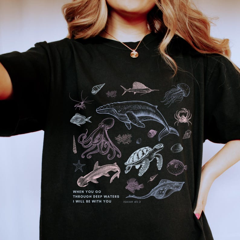 Vintage Isaiah 90s Tattoo Sea Animal Bible Verse Shirt, Colorful Ocean Scripture Inspired T-Shirt, Christian Deep Waters Whale Tee Shirt
